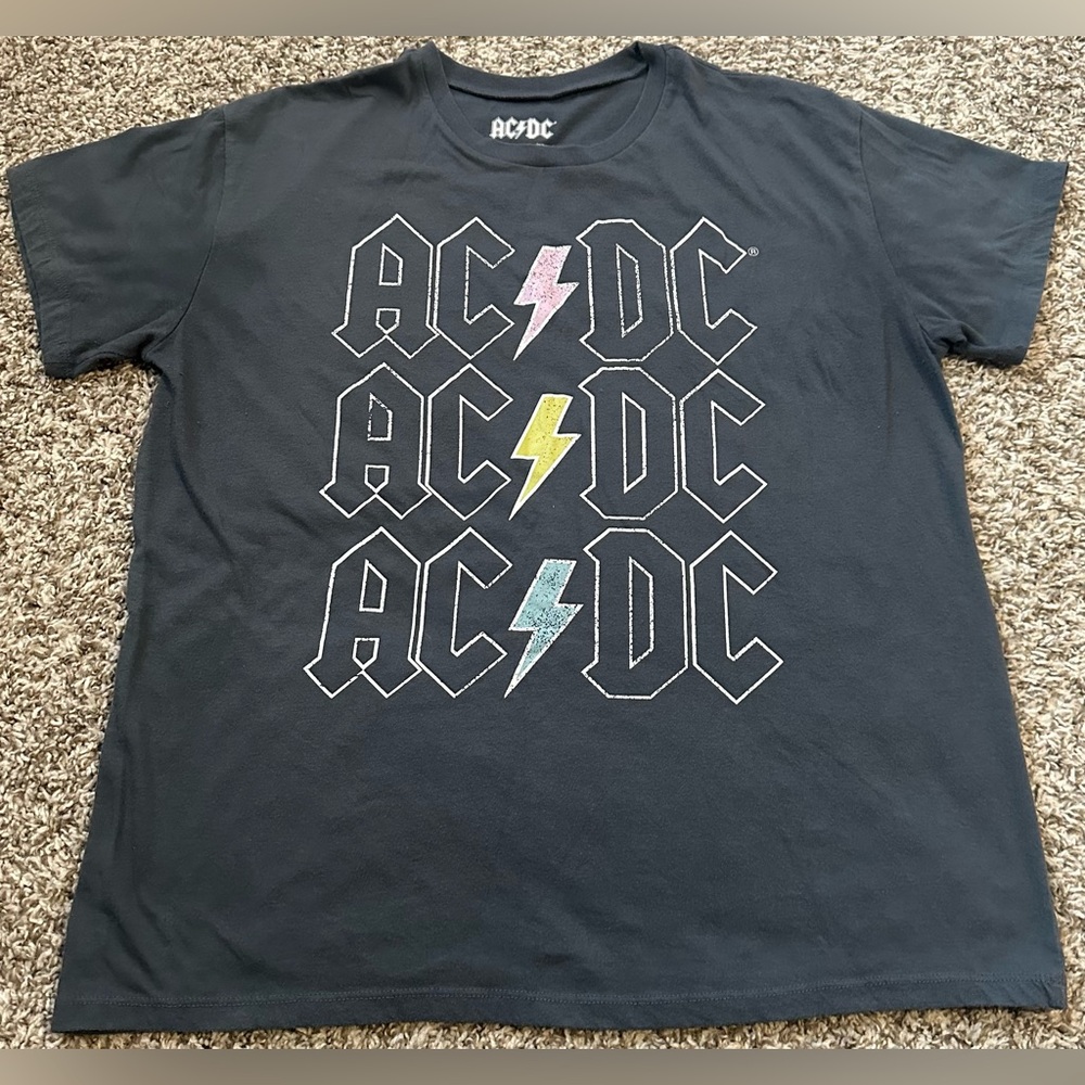 AC/DC Black Short Sleeve Logo Tee with Multicolor Lightning Bolts
